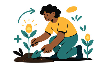 Flowerbed Renewal. Planting new flowers. Person kneeling beside flowerbed with small shovel; soft glowing buds