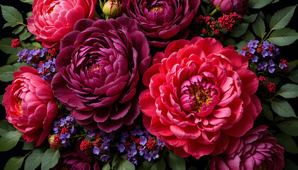A lush and vibrant close up of deep red and magenta peonies with delicate purple filler flowers and dark green leaves creating a rich floral arrangement