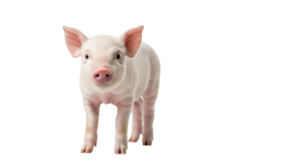 A young, soft pink piglet stands still, looking at the camera with curious eyes on a pristine transparent studio background with copy space, concept of innocence and purity