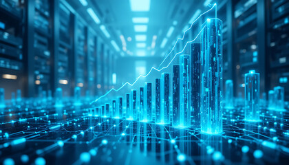 Abstract futuristic digital data visualization with glowing blue lines and bar graph rising upwards representing growth and technology in a server room