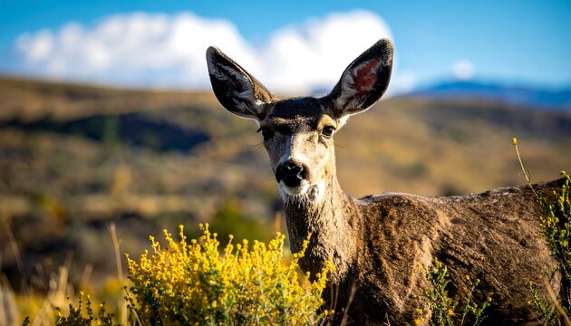 A close-up portrait of a deer gazing forward, nature setting - Powered by Adobe