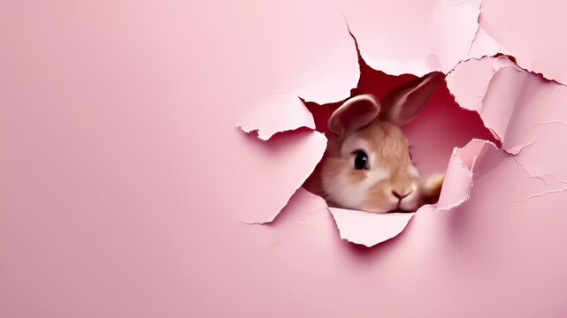 A closeup of a rabbit peeking out of a pink background with a cracked paper texture. The rabbits fur is a soft beige color, and its ears are perked up.