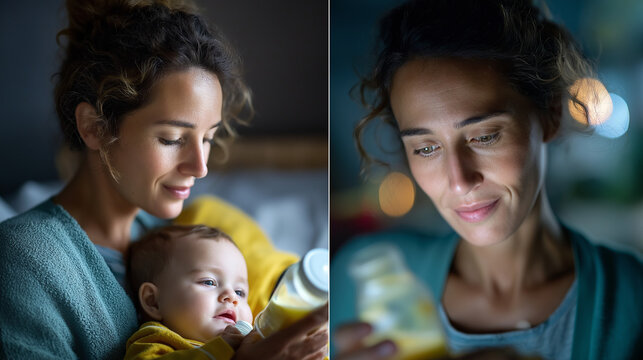 Sleepy mother bottle-feeding baby in bed at night, low light and smartphone on bedside table, motherhood, night feeding, tired parent, family, with copy space