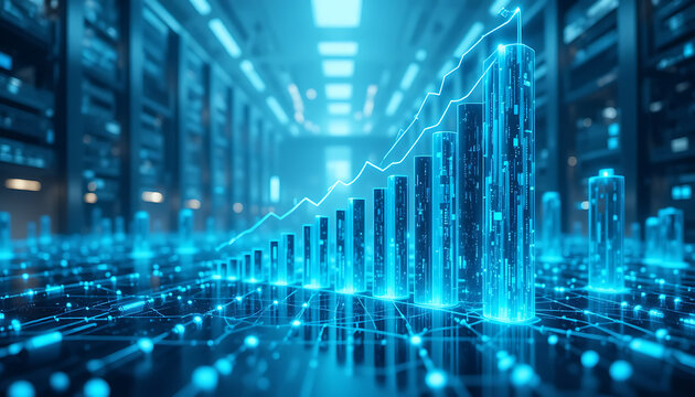 Abstract futuristic digital data visualization with glowing blue lines and bar graph rising upwards representing growth and technology in a server room
