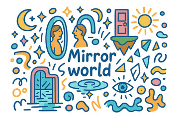 Mirror World Doodle. Mirror world. Hand-drawn doodle illustration of Mirror world. Twin figures, portal,