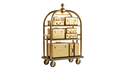 Elegant golden luggage cart stacked with vintage suitcases perfect for travel ads or hotel marketing with a touch of luxury