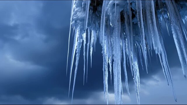 Long icicles hanging from a frozen cliff against dark winter clouds, conveying a sense of cold and harsh nature