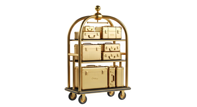 Elegant golden luggage cart stacked with vintage suitcases perfect for travel ads or hotel marketing with a touch of luxury