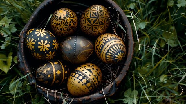 Easter bunny. A closeup shot of a rustic wooden bowl filled with ornately decorated eggs on a grassy surface. The eggs are predominantly black with gold patterns.
