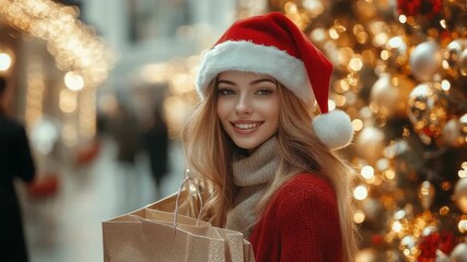 Attractive young woman in a Santa hat smiling and holding shopping bags on a city street lit with bokeh Christmas lights and a decorated tree, festive holiday shopping scene