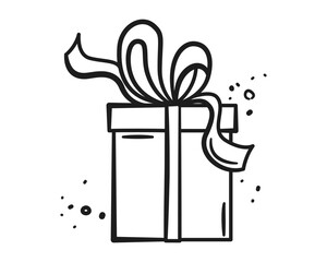 Wrapped present with bow, ribbon. Surprise. Gift box. Hand drawn doodle, sketch for Valentines Day, Merry Christmas, greeting, party, birthday, holidays, celebrations. Isolated Vector
