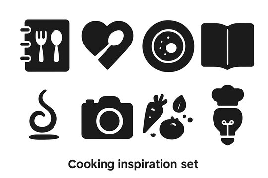 Cooking Icon Set. Cooking inspiration. Filled icon set of cooking inspiration: recipe notebook, heart with