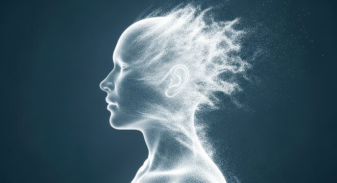 Profile of a human head dissolving into a cloud of luminous particles, symbolizing thought, data, or digital transformation