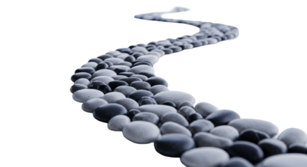 A gracefully winding path of smooth, polished grey, white, and charcoal pebbles on a high-gloss white reflective surface in a minimalist studio, concept of strategic clarity