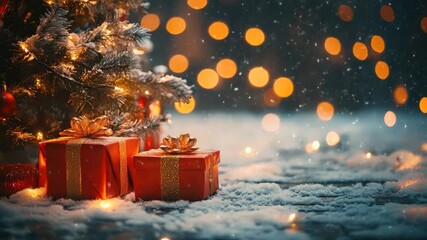 Enchanting winter night scene with red gifts nestled in snow beneath a pine tree lit by golden twinkle lights, soft falling snowflakes and warm bokeh background - Powered by Adobe