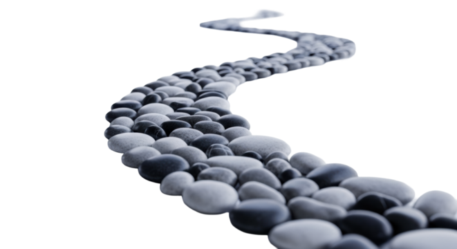 A gracefully winding path of smooth, polished grey, white, and charcoal pebbles on a high-gloss white reflective surface in a minimalist studio, concept of strategic clarity