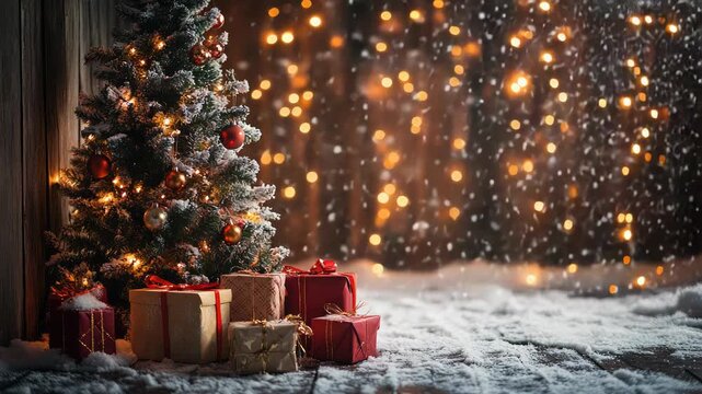 Christmas tree dressed in twinkling lights and ornaments, gifts piled beneath, soft snow dusting the worn wooden floor for a cozy, magical holiday evening scene