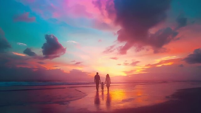 A vivid, colorful sunset over a serene beach scene with silhouetted figures of a man and a woman walking along the shoreline. The sky is painted in a gradient of pink, orange, and blue hues.