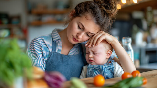 Tired mother holding crying baby while trying to prepare breakfast in kitchen, real life parenting chaos, motherhood, stress, multitasking, family home, with copy space