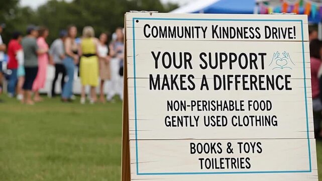 Community kindness drive event with a sign for the concept of social help and charity.