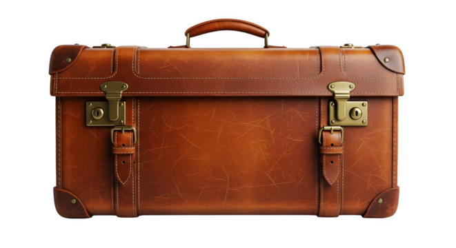 Vintage leather suitcase, classic travel accessory with brass hardware, ideal for adding a touch of retro elegance to any project