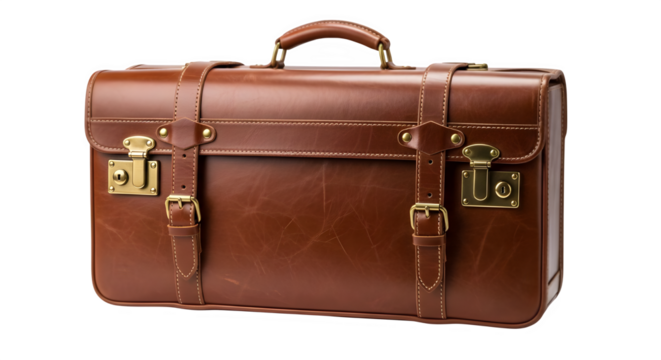 Sophisticated leather briefcase with classic buckle straps for the discerning professional on the go, timeless style meets functionality