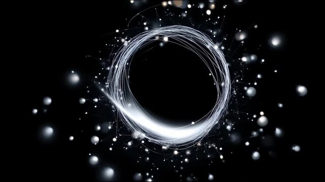 A glowing energy ring made of thin lines and particles spins against a black background, creating a sense of motion and radiance