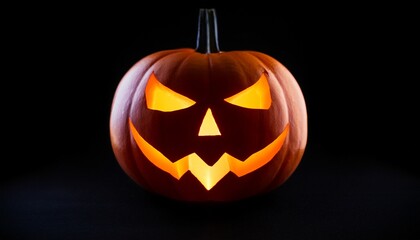 Fototapeta premium Halloween Pumpkin With Glowing Eyes At Black Background Spooky Halloween Pumpkin Jack O Lantern With An Evil Face On Black Background