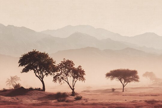 Serene desert landscape wallpaper background with mountains and trees at sunset or sunrise view aesthetic - Powered by Adobe