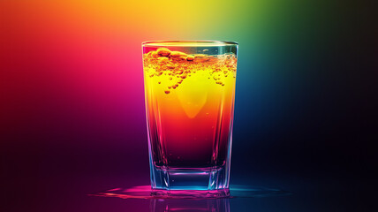 A clear glass beaker with a bright yellow liquid - concept poster. A glass of orange juice. Digital advertising photo. 