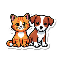 Fototapeta premium Cute Cartoon Cat and Dog Sticker | Adorable Orange Tabby Kitten & Puppy Illustration
