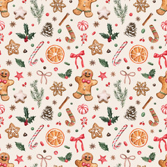 Festive watercolor gingerbread and candy cane seamless holiday pattern on a warm creme background.