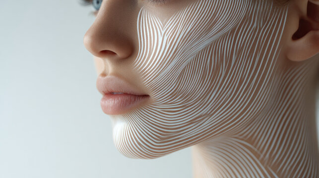 Portrait of person with subtle digital lines on skin, symbol of coexistence between biology and data, elegant minimal background