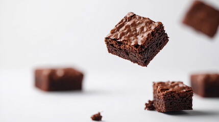 Chocolate Brownies levitating, a sweet confection in mid-air, studio shot for National Brownie Day, National Brownies at Brunch Month