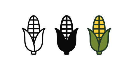Corn icon trio in linear, solid, and flat designs showcasing versatile farm elements