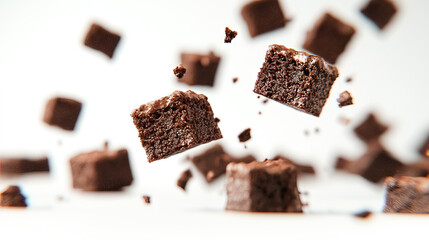 Delectable brownie cubes levitating in an enchanting culinary composition for National Brownie Day, National Brownies at Brunch Month