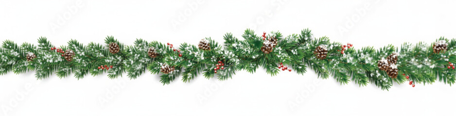 Horizontal Christmas garland with snowy fir branches, pine cones, and holly berries. Festive design for winter banners, cards, invitations, and seasonal posters. Transparent background in vector file