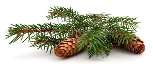 Spruce branches with cones isolated on white background