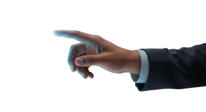 Diverse professional's hand in tailored suit interacting precisely with glowing holographic interface, futuristic data visualizations in a blurred tech lab. Concept of technological leadership