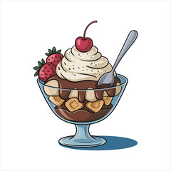 Ice cream cone with a strawberry. Cartoon vector illustration