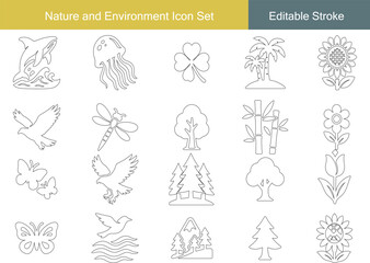 Nature and Environment Icon Set | Whale, Jellyfish, Clover, Palm Tree, Flower, Bird, Butterfly, Dragonfly, Tree, Bamboo, Forest Line Icons