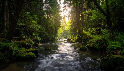 Obraz premium Forest stream flows towards bright sunlight, mossy rocks on banks, lush trees framing the waterway