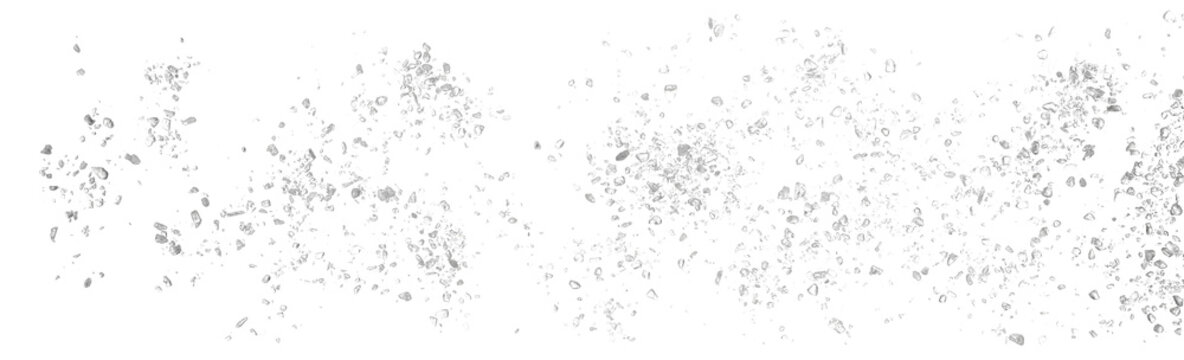 Macro crystals of sea salt flying, isolated on white background, clipping path