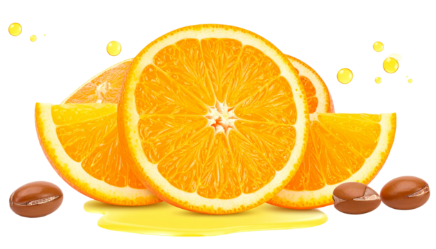 Bright Orange Slices with Argan Seeds on Transparent Background, Close Up View