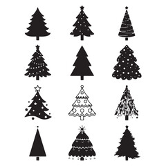 Set of 12 Different Christmas Tree Shapes and Decorations Silhouettes