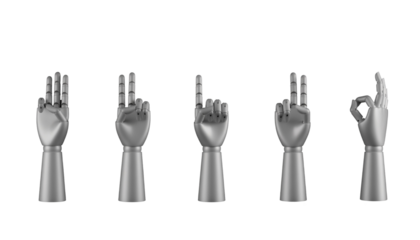 Five Silver Robot Hands Isolated on Checkered Background