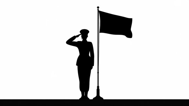 A high-quality black silhouette illustration of a proud female military officer giving a formal salute, standing beside a waving national flag on a tall pole.