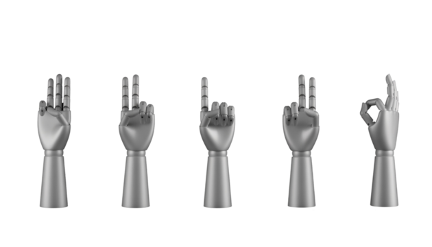 Five Silver Robot Hands Isolated on Checkered Background