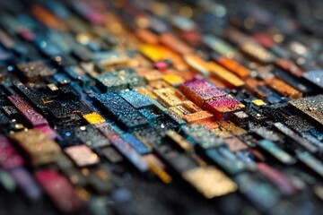 Colorful abstract microchips motherboard background high tech circuit board technology system design art