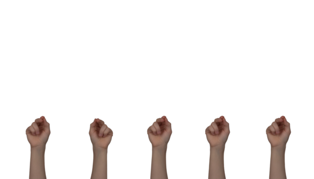 Five arms raised up with clenched fist isolated on transparent backdrop